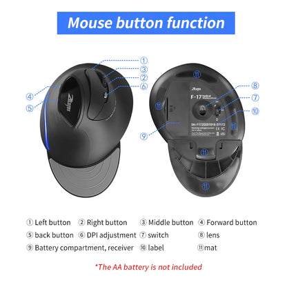 ZELOTES F-17 6 Keys Ergonomic Optical Mice Vertical Mouse 2.4GHz Wireless Gaming Mouse with 3 Adjustable DPI for PC Laptop