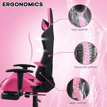 Gaming Chair - Pink Gamer Chair with Footrest Racing Esports Computer Chair Massage Lumbar Support Leather Recliner, Customized