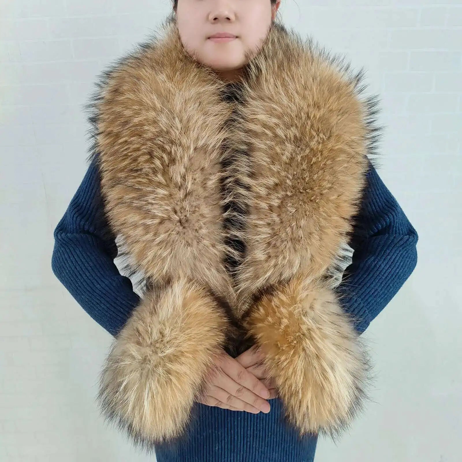 Elegant Luxury Raccoon Fur Collar Cuff Set Large Size 100% Real Fur Scarf Thick Warm Ladies Shawl Coat Collar Women Winter