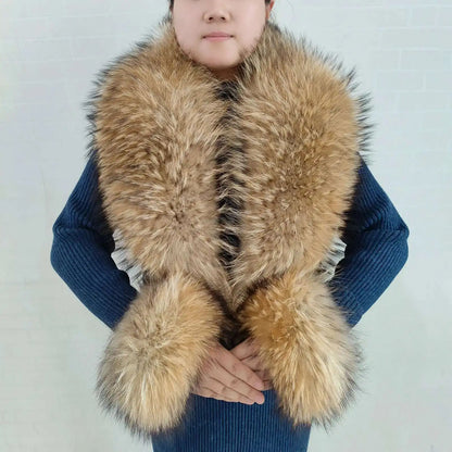 Elegant Luxury Raccoon Fur Collar Cuff Set Large Size 100% Real Fur Scarf Thick Warm Ladies Shawl Coat Collar Women Winter
