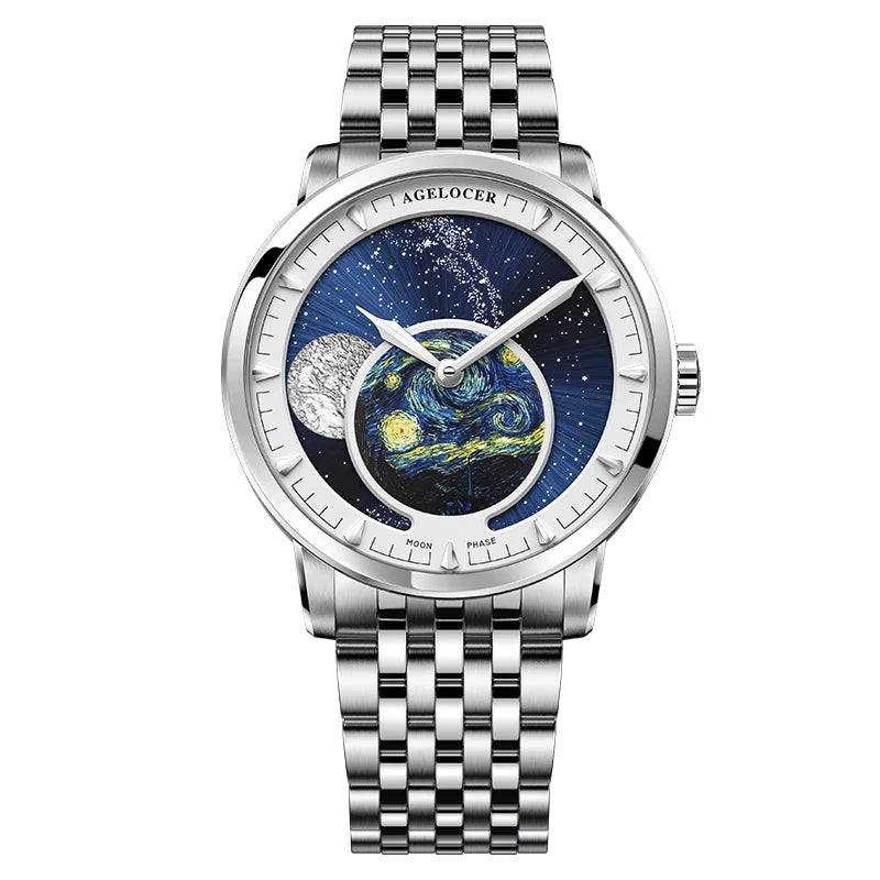 AGELOCER Original Astronomer Watch Men's Business Luxury Gold Watch Automatic Mechanical Moon Phase Watch Birthday Gift for Men