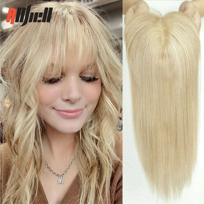 10/12/14 inches Hair Toppers for Women Brown Blonde Ombre Human Hair Toppers Silk Base Clips in Hair Extension Topper With Bangs