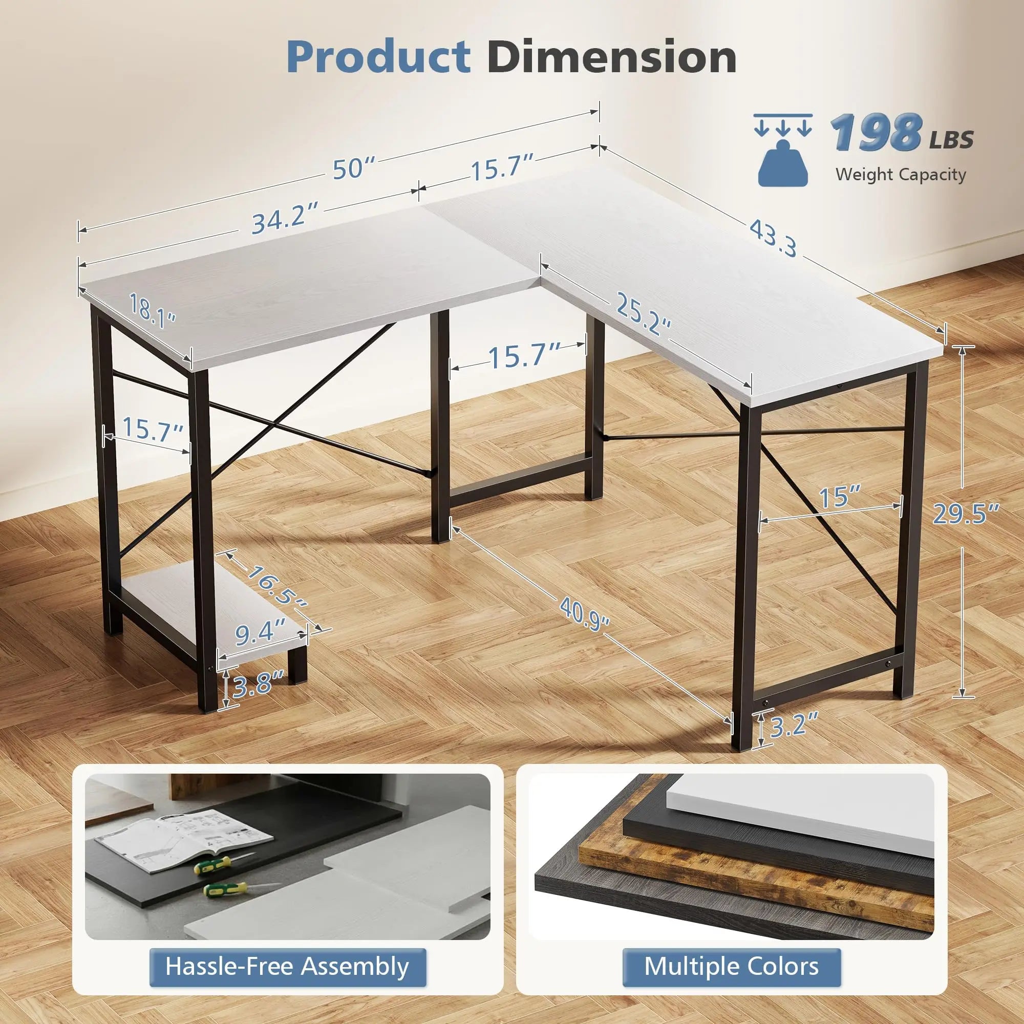 JHK 50 Inch L Shaped Desk Computer Gaming Desks Corner Office Table with CPU Shelf for Home Study Writing Work Station for Offic
