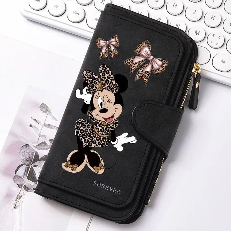  Mickey Minnie Lady Long Zip Wallet Buckle Tote Bag Coin Purse Soft PU Leather Multi-functional Card Holder Casual Daily