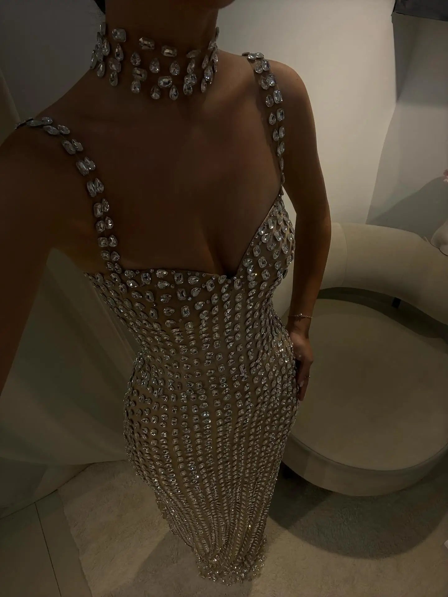 Hot Sale Glitter Spaghetti Straps Evening Dress With Full Crystal Slim Sweetheart Mermaid Dress Formal Prom Party Dress - Kimlud