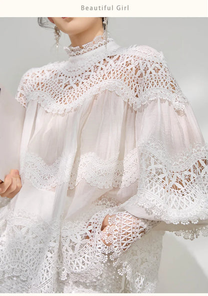 Light Luxury Hollow Print Stand-up Collar Lantern Sleeve Shirt Women French Temperament Fashion Lace Splicing Loose Casual Shirt