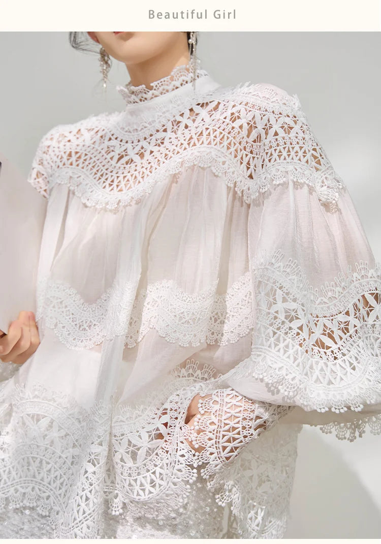 Light Luxury Hollow Print Stand-up Collar Lantern Sleeve Shirt Women French Temperament Fashion Lace Splicing Loose Casual Shirt