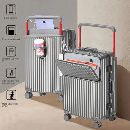 Aluminum Framed Front Open Suitcase Carry-on Bag Wide Handle Luggage Multifunctional 20/28-inch Impact Resistant Travel Bag