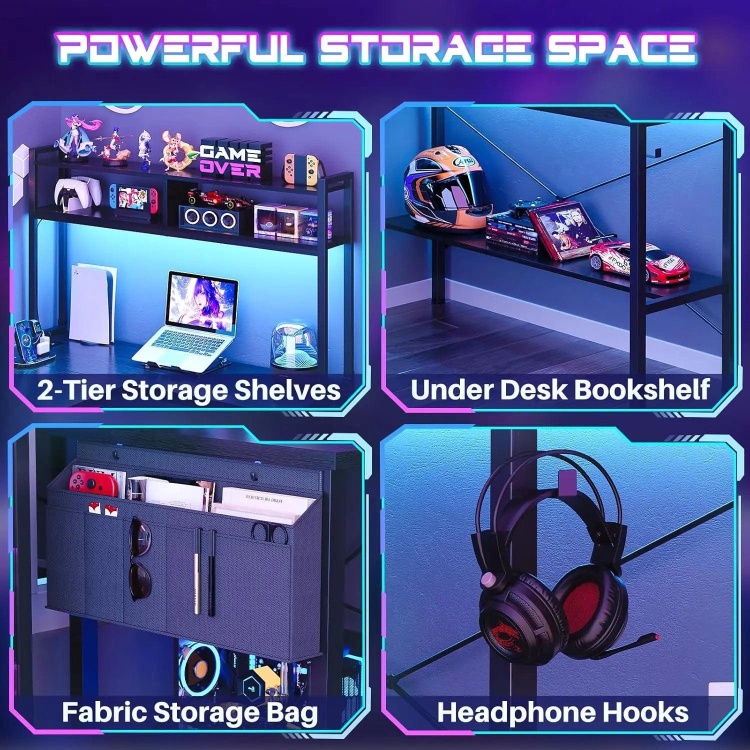 59" L-Shaped Gaming Desk with LED Lights, Power Outlets, Shelves & Storage Bag - Reversible Corner Office Desk in Black