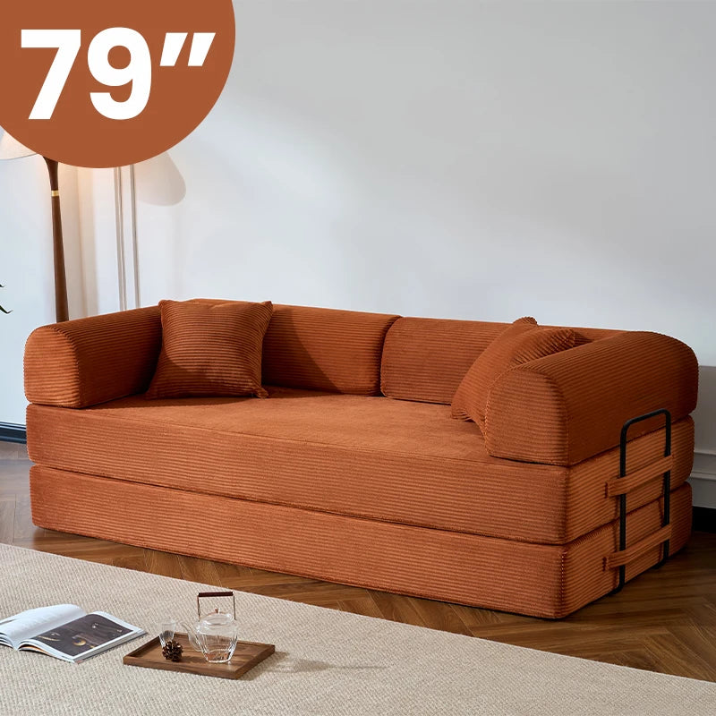 79’’ Folding Convertible Sofa Bed Corduroy Upholstered Boneless Couch, Loveseat Sleeper Floor Sofa for Living Room Bedroom - Kimlud
