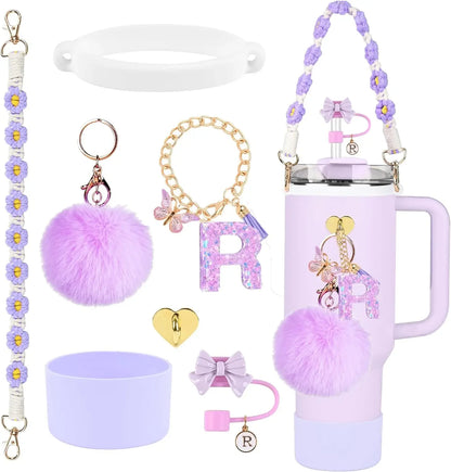 7PCS Accessories Set for Stanley Cup Purple Straw Topper Cup Boot Water Bottle Handle Strap Letter Charms 40oz 30oz Tumbler
