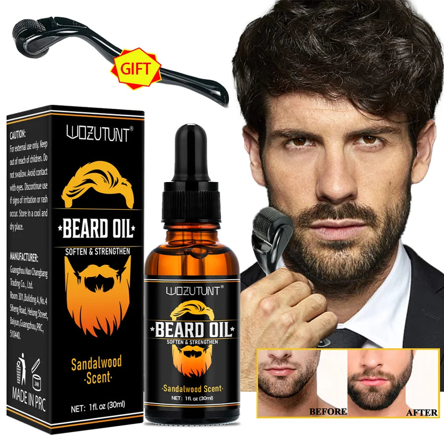 Natural Shea Beard Conditioning Oil Soften Strengthen Beard Sandalwood Scent 30ml and Gently Roller For Men Facial Hair Massage