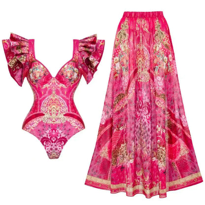 FLAXMAKER  Ruffled Rose Red Blooming Flower Print One Piece Swimsuit and Skirt Women Beachwear Luxury Bathing Suit