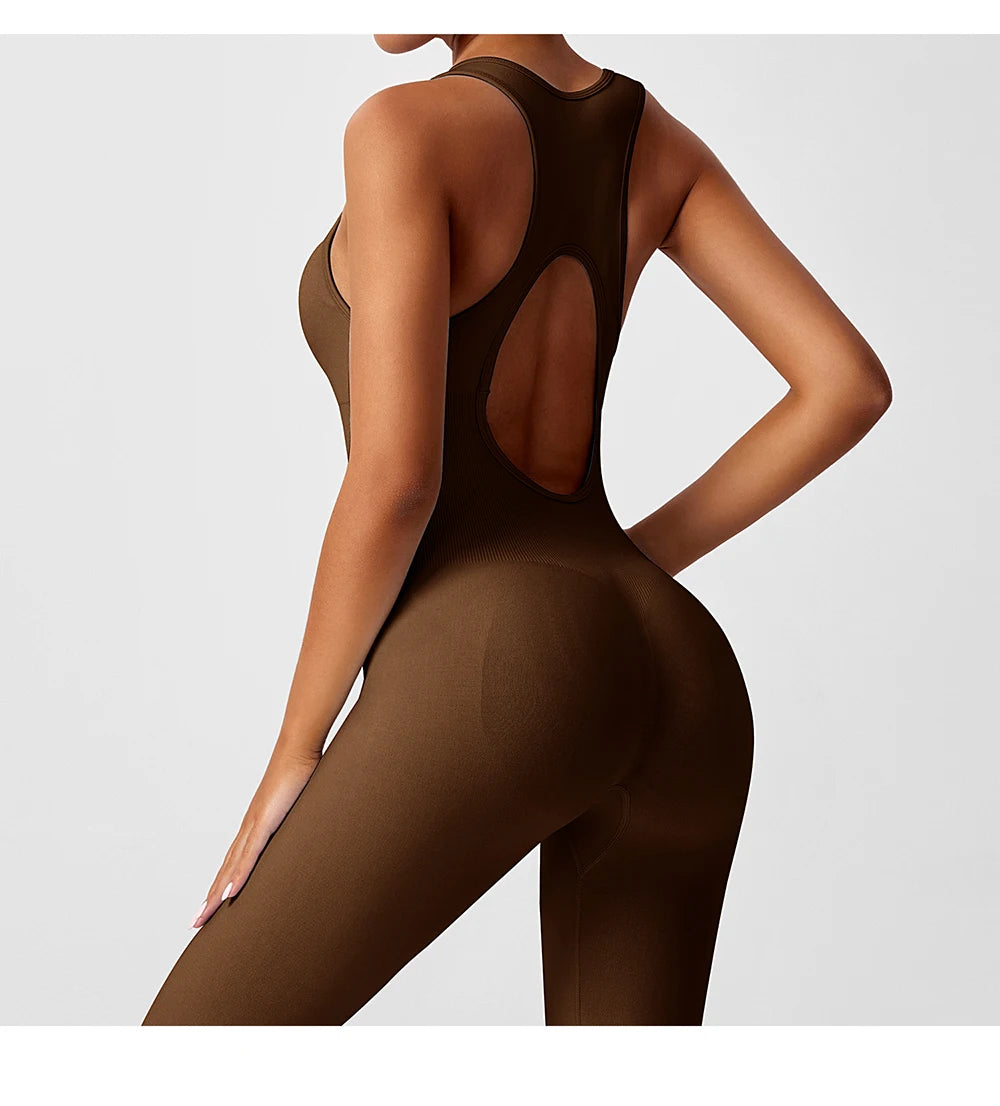 Seamless Peach Booty One-Piece Yoga Bodysuit - V-Back Tummy Control Gym Outfit for Women - Sexy Workout Jumpsuit Fitness Bodycon
