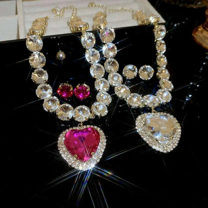 2 Pcs Rhinestone Heart Pendant Necklace Set Exaggerated Geometric Earring Light Luxury Temperament Fashion Women's Jewelry Sets