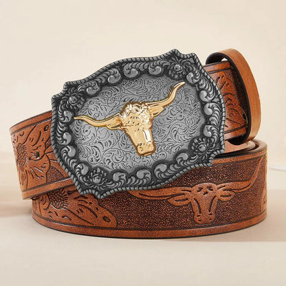 New Men's Western Cowboy Belt - Cool Handsome Black PU BELT Material Embossed Design and Stylish Alloy Buckle Men Belt