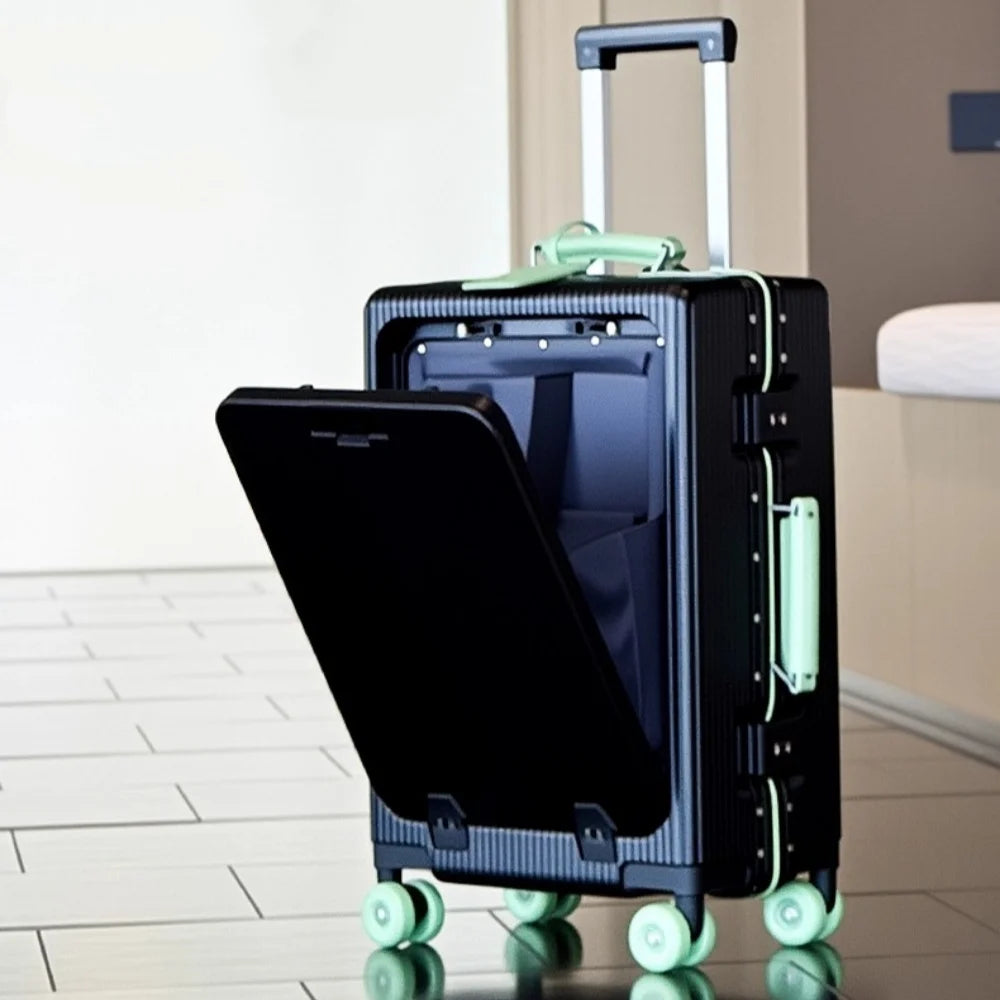 Front Opening Suitcase Aluminum Frame 20" Carry-on Trolley Case Bag with Colorful Silent Wheel USB Charging Plug Rolling Luggage - Kimlud