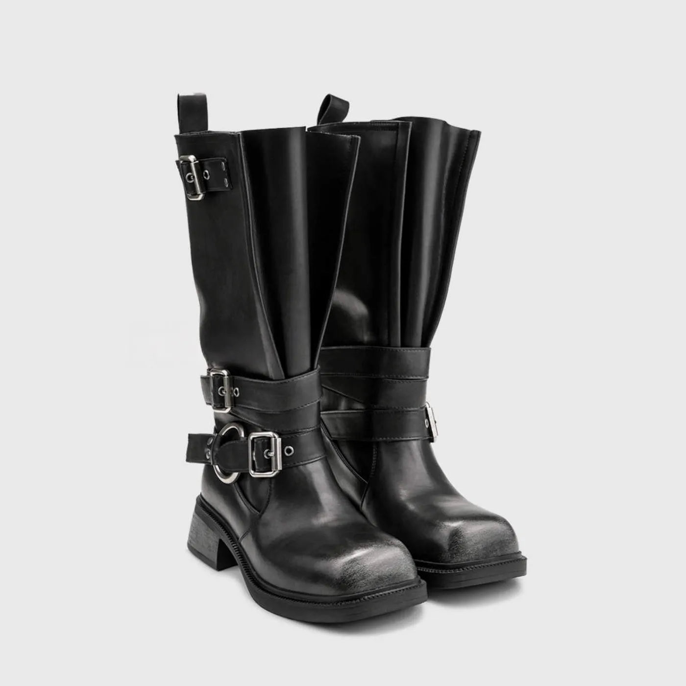 Women's Boots Half High Square Toe Footwear Brown Biker Shoes For Woman Mid Calf Middle Heel Comfortable And Low Price Pu Goth