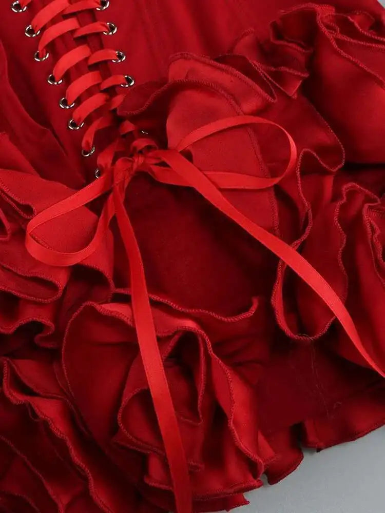 Red Solid Spliced Appliques Slim Backless Short Dresses For Women Strapless Sleevelss Patchwork Lace Up Dress Female Sexy LSW7