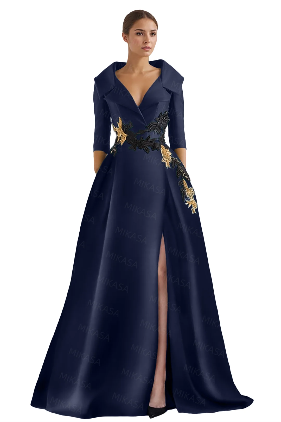 Classic Satin Evening Dresses For Women Wedding Party Guest V-neck Three Quarter A-line Side Slit Elegant Prom vestidos de gala