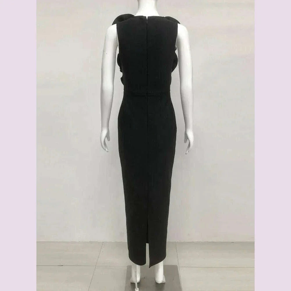 Chic Women Celebrity Sexy Deep V Neck Flower Black Maxi Long Bandage Bodycon Dress 2025 Elegant Evening Club Party Outfit