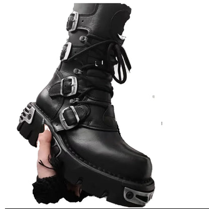 Men's Fashion Genuine Leather Motorcycle Boots Goth Skull Punk Boots New Unisex Mid-calf Cowboy Boots Metallic Combat...