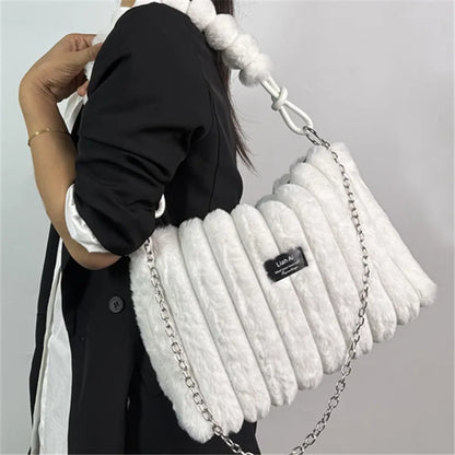 Women's Large Plush Tote Bag with Crossbody/Handheld Carry Soft Striped Plush Exterior Cozy Handbag for, Travel, Everyday Use