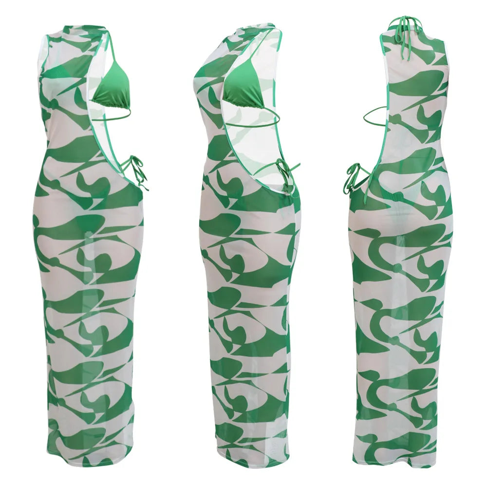 Fashion Print Slim Dress Bikini Three Piece Set Women Sexy Hollow Out Package Hip Bodycon Mesh Dresses Sets Trendy Lady Clothing