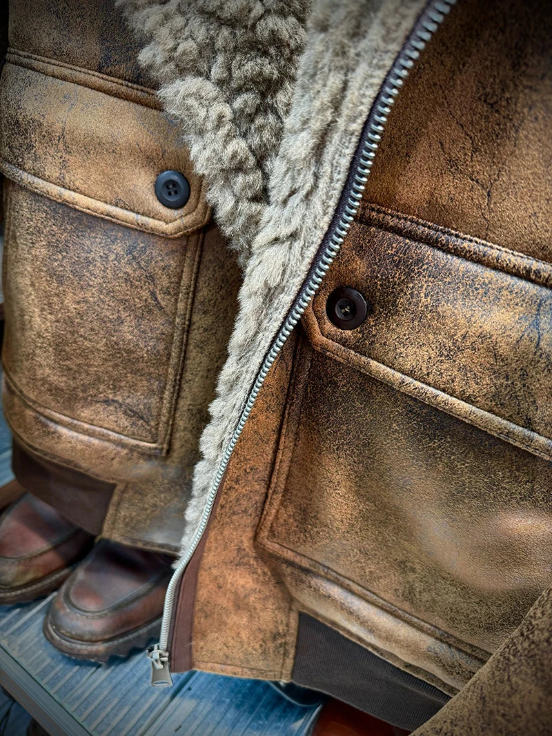 25AW Winter Shearling Trucker Jacket for Men Thermal Warm Thickened Suede Lambskin American Vintage Motorcycle Style Coats 4XL