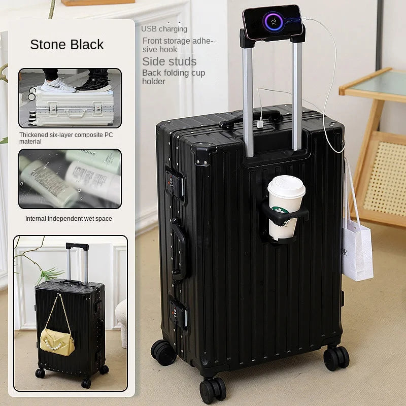 New Suitcase 30 inch Aluminium Frame USB Charging Luggage Carrier Boardable 20 inch Cabin Suitcases on Wheels with Cup Holder