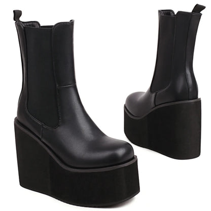 Platform Ankle Boots For Women Shoes Black White Wedges High Heels Gothic Boot Casual Autumn Winter Shoes Female Waterproof