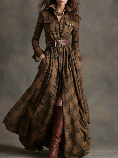Plaid with Belt Retro Long Dress Lapel Button Irregular A Line Skirts Long Sleeve Casual Women's Dresses Autumn Elegant Clothes