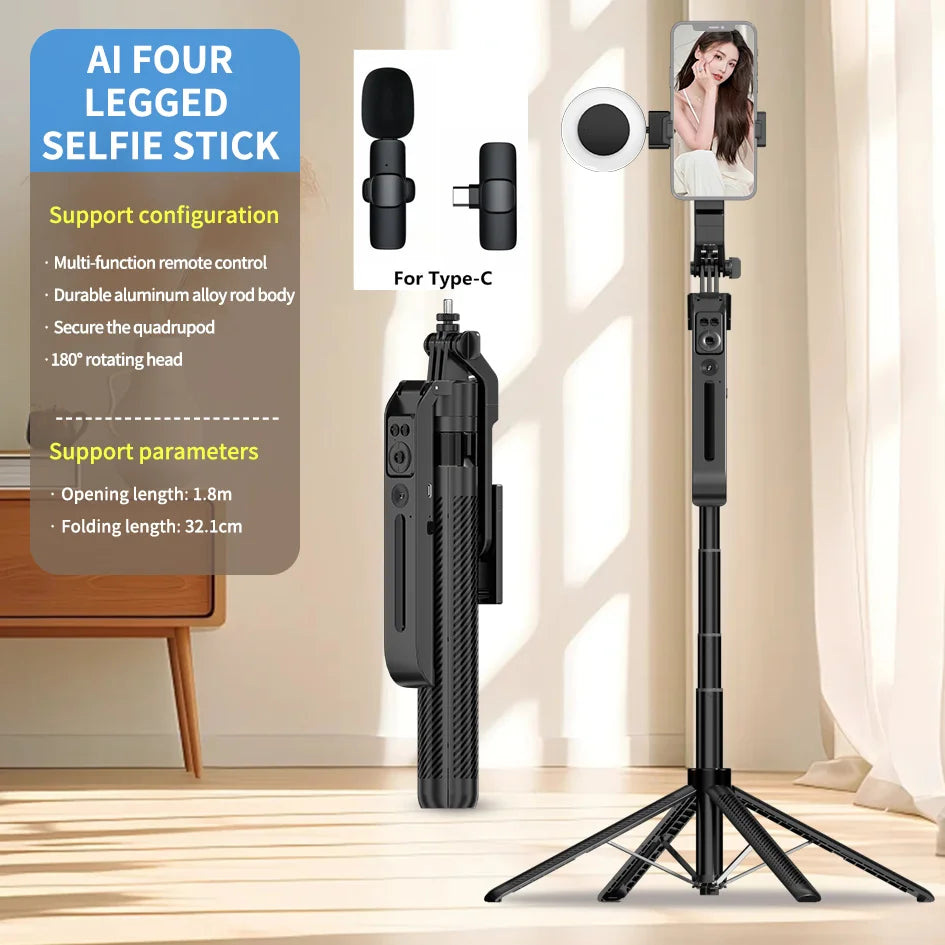 C12 1.8M Selfie Tripod for Cell Phone 360°Auto-Rotation AI Tracking Shooting Quadrapod with Remote Control Mobile phone holder