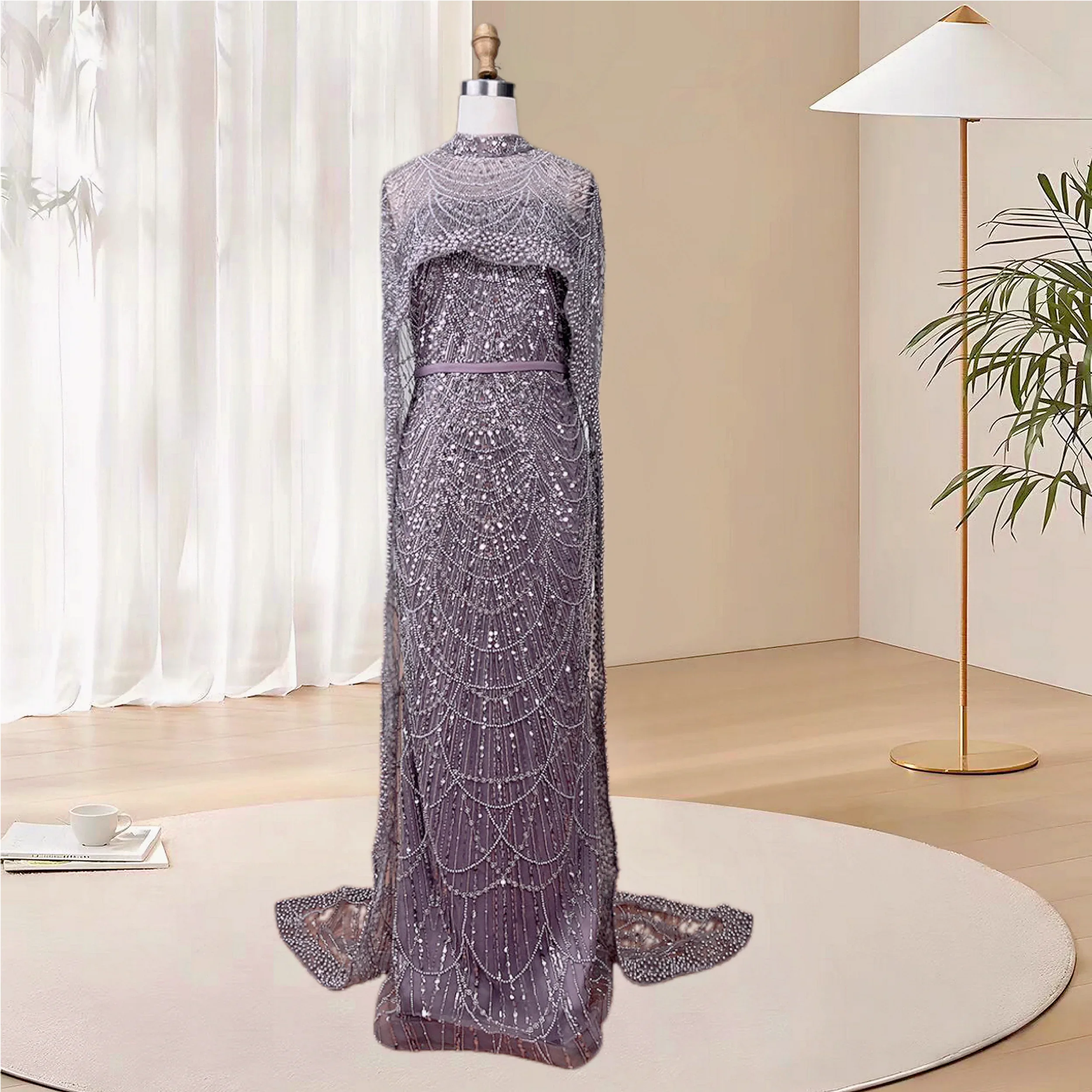 Alice CollectionPro Dubai Arabic Champagne Long Evening Dress 2024 Women's Prom Evening Dresses Gown with Cape Luxury Customized