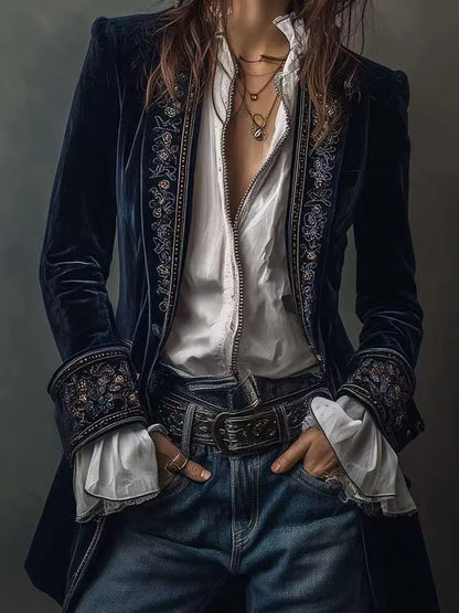 Autumn Causal Long Sleeve Women's Outercoat Winter Elegant Patchwork Lace Velvet Slim Coat Vintage Pattern Print Cardigan Jacket