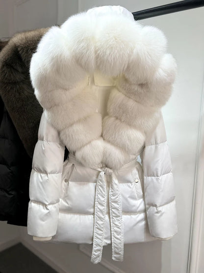 2025 New Natural Thick Warm 90% White Goose Down Coat Long Winter Jacket Women Real Big Fox Fur Collar Belt Loose Puffer Parka