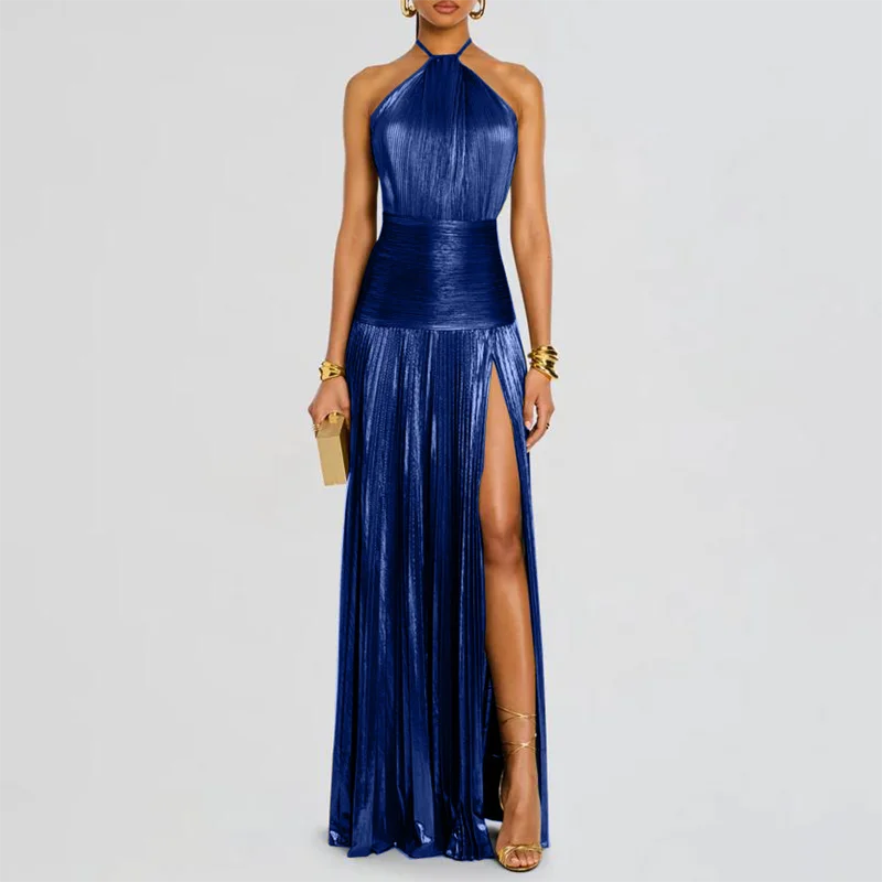 Gold Sexy Halter High Split Gowns Evening Dress Woman Chic Solid Hollow Pleated Long Dress Spring Summer Backless Zip Maxi Dress
