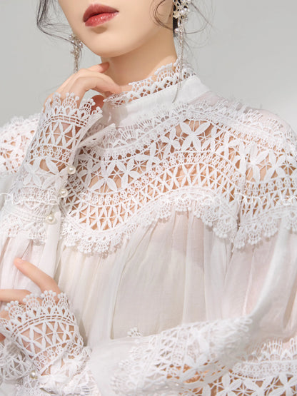 Light Luxury Hollow Print Stand-up Collar Lantern Sleeve Shirt Women French Temperament Fashion Lace Splicing Loose Casual Shirt
