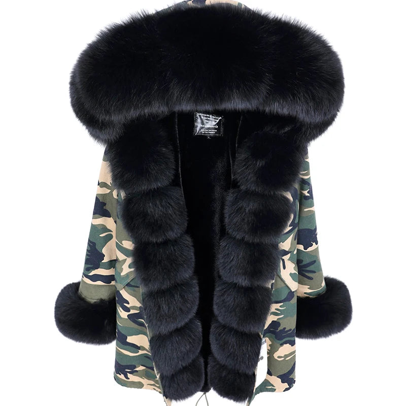 MAOMAOKONG 2024 Winter Women Coat Natural Fox Fur Collar Cuff Black Jackets Outwear Thick Luxury Real Fur Parka Women's Fur Coat