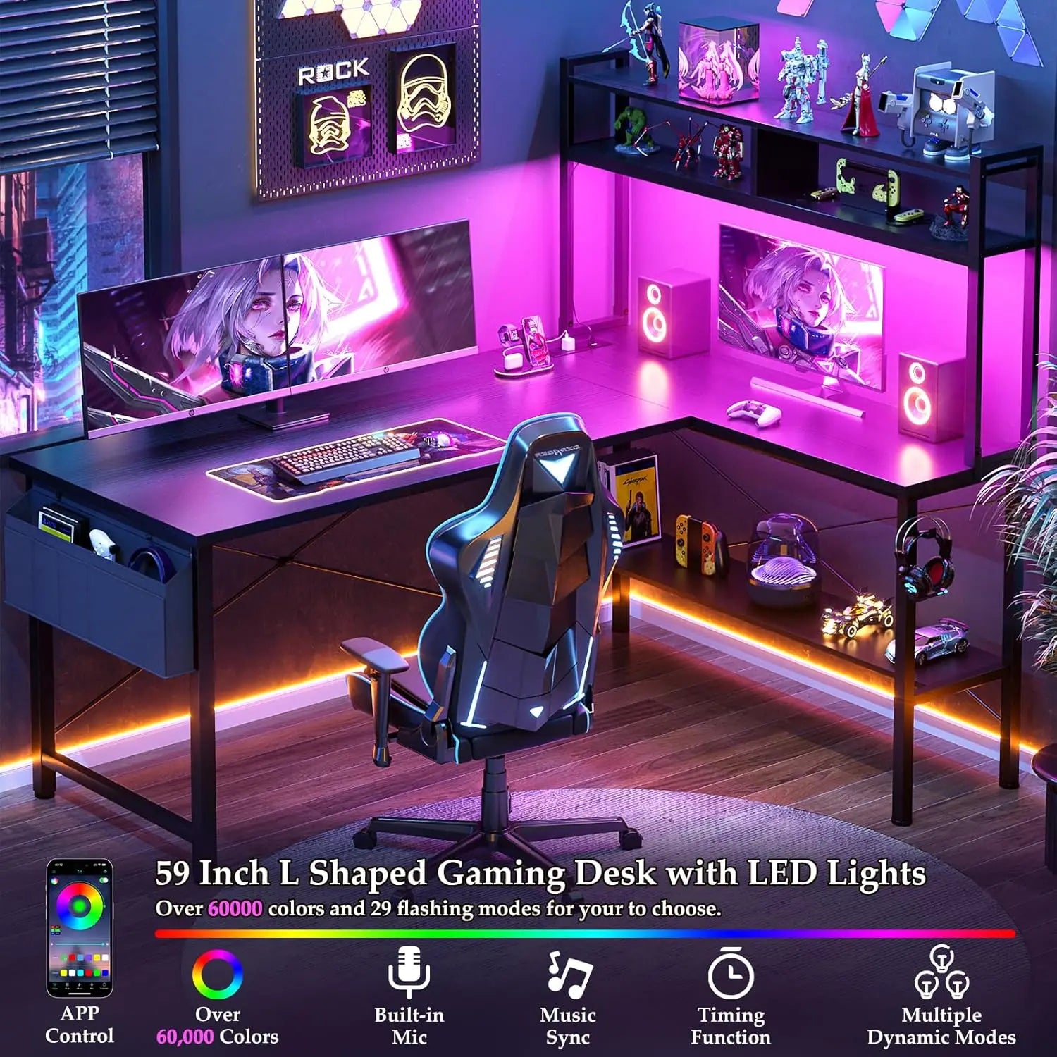 59" L-Shaped Gaming Desk with LED Lights, Power Outlets, Shelves & Storage Bag - Reversible Corner Office Desk in Black