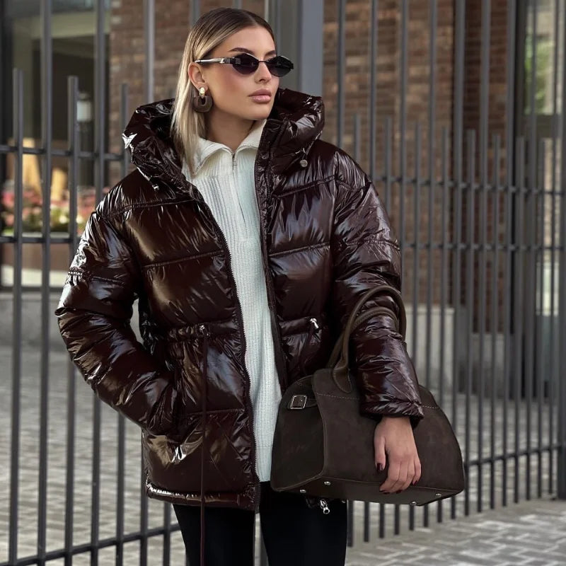 Casual Shiny Hooded Cotton Jackets Women Stand Collar Zipper Drawstring Waist Solid Coat 2025 Winter Lady Chic Warm Outwears New