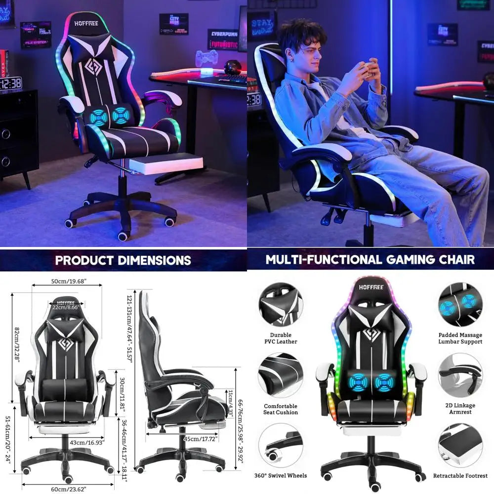 Ergonomic High Back Gaming Chair with LED RGB Lights, Massage, and Adjustable Footrest for Comfortable Video Gaming Experience