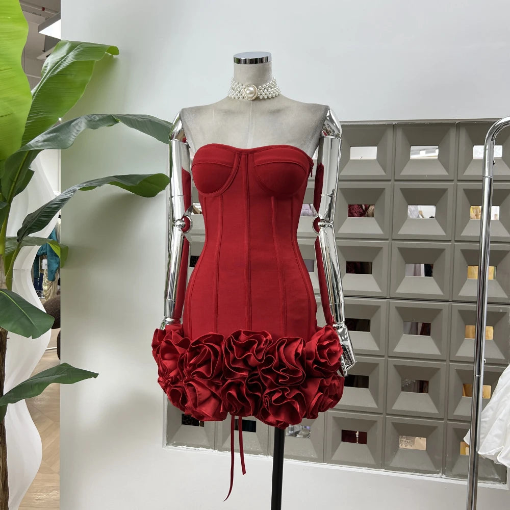 Sexy Strapless Bodycon Dresses for Women 3D Floral Fashion Party Evening Club Bandage Dress Formal Elegant Slim Birthday Gowns