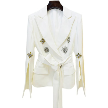 TWOTWINSTYLE Solid Slimming Spliced Bead Coat for Women Lapel Long Sleeves Patchwork Lace Up Temperament Jackets Female Clothing