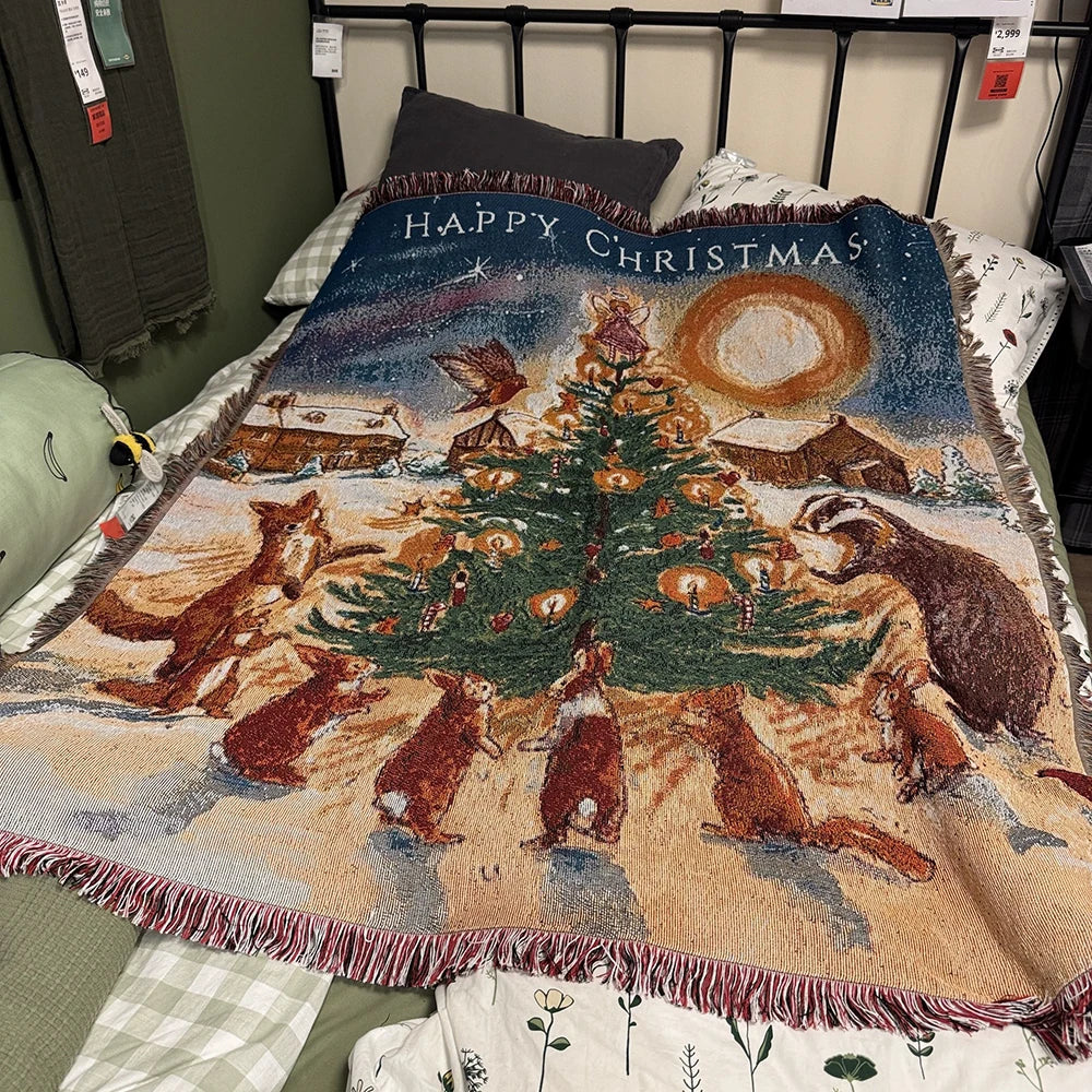 Retro Village Sofa Blanket Cotton Thread Throw Christmas Living Room Leisure Sofa Cover Winter Knitted New Years Gifts Blankets