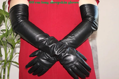 Long Sheepskin Gloves Women's Genuine Leather 58cm Length Sleeve Velvet Lining Keeps Warm in Autumn and Winter