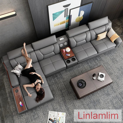 Beautify Your Living Room with Linlamlim Italian Genuine Leather Sofa - Bluetooth Speaker, Adjustable Headrests and USB...