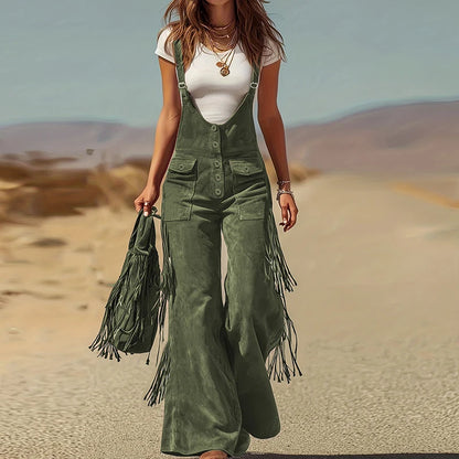 V Neck Tassel Button Patchwork Jumpsuits, Women Holiday Casual Wide Leg Pants Playsuits, 2026 Sleeveless Autumn Winter Overalls
