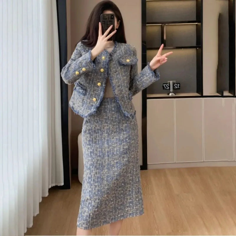 2025 Spring Autumn New Tweed Suit Skirt Women's Fashion Loose Sweet Single-Breasted Casual Chic Jacket Two-Piece Sets