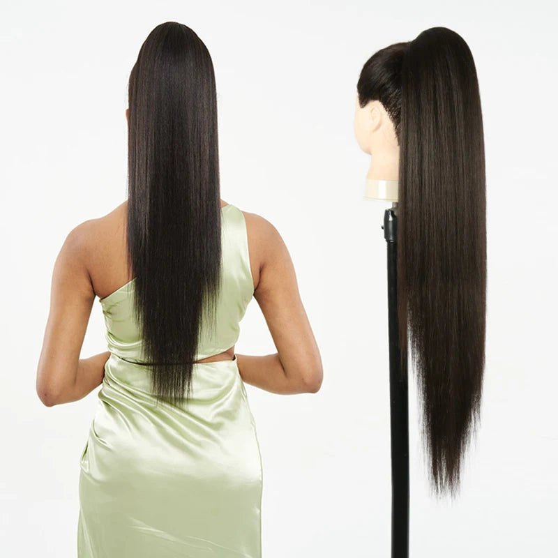 Julianna Synthetic Kanekalon Black Drawstring Water Wave Ponytail Extension Female Curly Wavy Clip In Ponytail Hair Extension